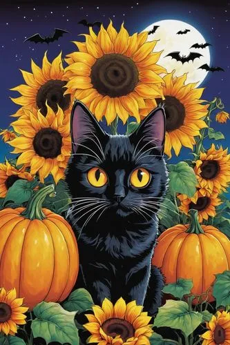 halloween cat,samhain,halloween black cat,flower cat,halloween background,halloween wallpaper,Illustration,Japanese style,Japanese Style 05