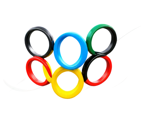 Olympic rings, interconnected five circles, blue, yellow, black, green, red, metallic material, shiny surface, 3D structure, dynamic composition, low-angle shot, dramatic lighting, vibrant color tone,