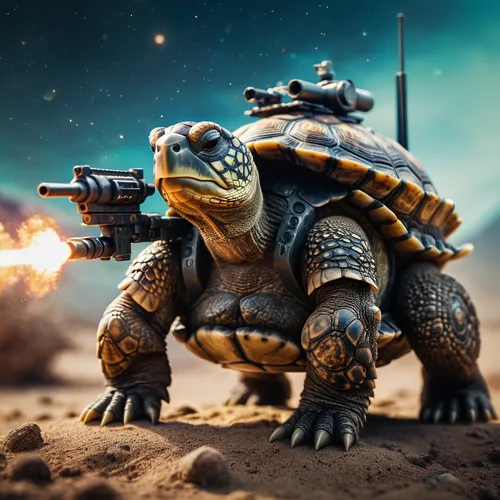 space god-turtle with two big guns on back, natural shot,trachemys,terrapin,land turtle,trachemys scripta,turtle,desert tortoise,armored animal,carapace,fuel-bowser,half shell,tortoise,stacked turtles