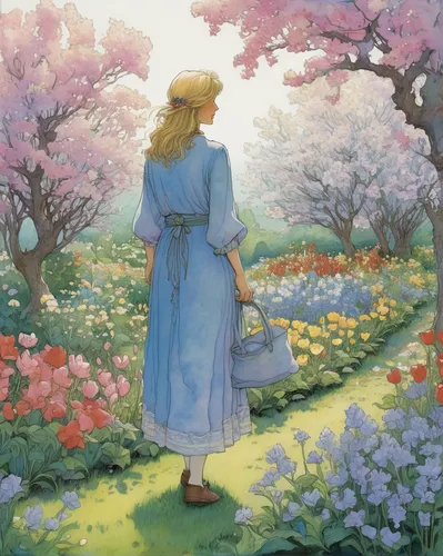 girl picking flowers,blooming field,girl in the garden,springtime background,picking flowers,in the spring,spring morning,field of flowers,meadow in pastel,spring background,girl in flowers,spring garden,flower garden,spring bloom,spring blossoms,flower field,springtime,fiori,spring,violet evergarden,Illustration,Realistic Fantasy,Realistic Fantasy 04