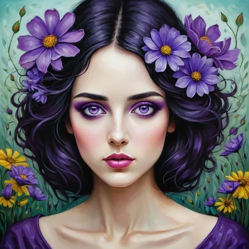 purple daisy,purple dahlia,girl in flowers,violet flowers,beautiful girl with flowers,violetta,Art,Artistic Painting,Artistic Painting 49