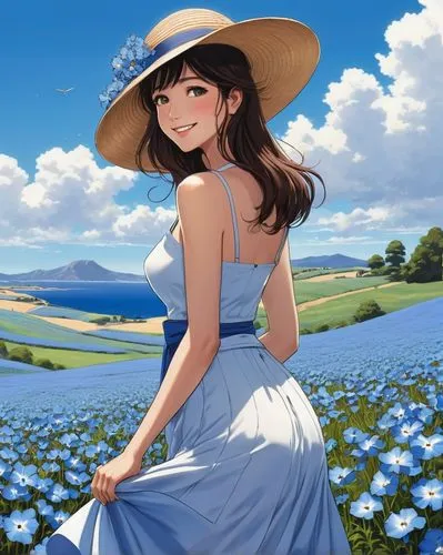 straw hat,sun hat,country dress,high sun hat,summer hat,studio ghibli,blooming field,tsumugi kotobuki k-on,countrygirl,panama hat,springtime background,summer day,flower field,summer flower,field of flowers,summer bloom,summer jasmine,spring background,flower hat,seerose,Conceptual Art,Fantasy,Fantasy 07