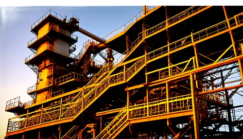 Oil platform, industrial structure, metallic latticework, rusted pipes, complex machinery, drilling equipment, control room, warning signs, railings, iron stairs, steel beams, sunset glow, dramatic li