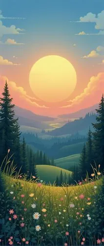 mushroom landscape,landscape background,nature background,dusk background,mountain sunrise,phone wallpaper,Illustration,Vector,Vector 08