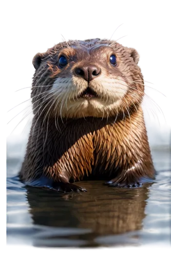 otter, wild animal, aquatic mammal, brown fur, white chest, whiskers, cute face, playful eyes, swimming pose, water ripples, sunlight shining on water, shallow depth of field, warm color tone, cinemat