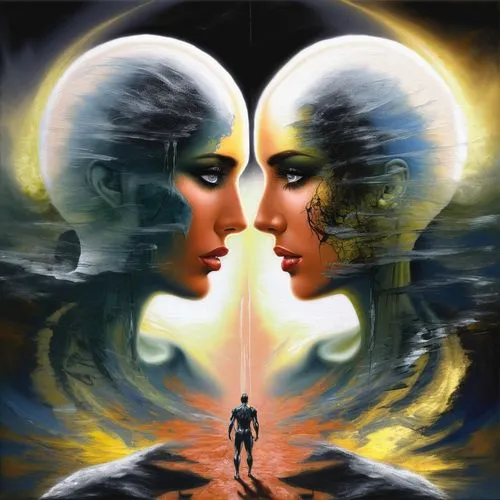 mirror of souls,parallel worlds,precognition,telepath,duality,dualities,two people,man and woman,meridians,singularity,sci fiction illustration,face to face,dualism,parallel world,equilibrium,transhumanists,telepaths,polarity,gemini,afrofuturism,Illustration,American Style,American Style 02