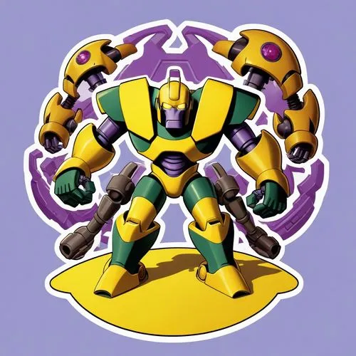 cartoonized picture of a yellow and purple robot with many arms and legs,medabot,metabee,impactor,ratbat,waspinator,kryptarum-the bumble bee