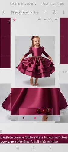 3d fashion drawing for satin dress for kids with sequin on first layer with burgundy with three layers kalosh 
First layer is pink with burgundy cherries with cherry belt
Second layer.is burgundy 
Thi