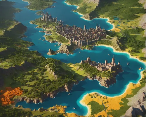 Explore a vibrant and bustling Westeros map during the height of summer,lake lucerne region,peninsula,archipelago,imperial shores,ancient city,terraforming,northrend,artificial islands,the continent,c