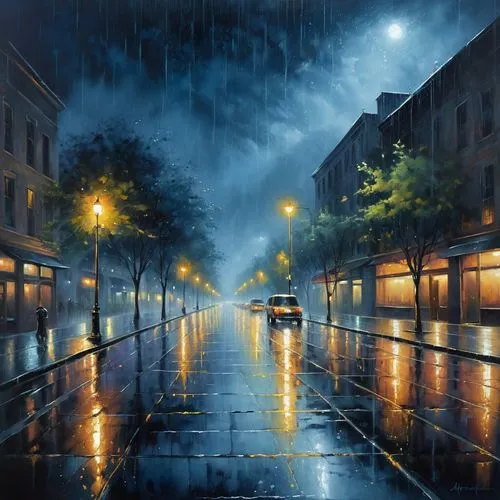 night scene,light rain,rainstorm,street lights,heavy rain,oil painting on canvas,Conceptual Art,Daily,Daily 32