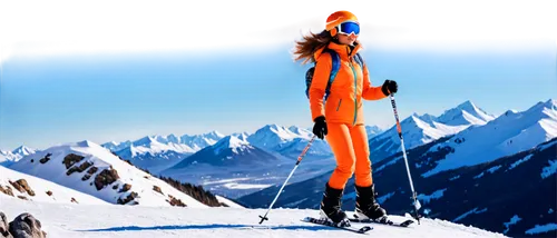 Skier, young adult, athletic build, dynamic pose, wind-blown hair, goggles on forehead, bright orange jacket, snow pants, black boots, ski poles in hand, snowy mountain background, panoramic view, sof