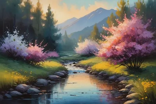 meadow in pastel,landscape background,springtime background,river landscape,mountain stream,salt meadow landscape,nature landscape,meadow landscape,mountain spring,flowing creek,spring background,mountain landscape,flower painting,mountain scene,landscape nature,watercolor background,mountain river,mountain meadow,natural landscape,spring morning,Conceptual Art,Fantasy,Fantasy 32