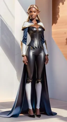 elf woman face model, suit,, angular cheekbones,  Strong and angular mandibule, smile, tall blonde elf  female, long neck  , suit, pointy ears, 3 meters tall, very tall,concept of african elf woman in