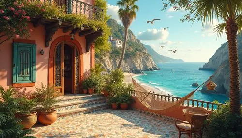 Mediterranean coastal villa, eclectic mix-and-match architecture, pastel-colored walls, ornate wooden doors, decorative ironwork balconies, lush greenery, flowering vines, tropical palm trees, hammock