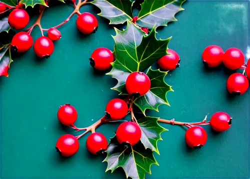 Holly leaves, dark green, glossy, prickly edges, bright red berries, clusters, shiny surface, detailed veins, natural lighting, soft focus, close-up composition, shallow depth of field, warm color ton