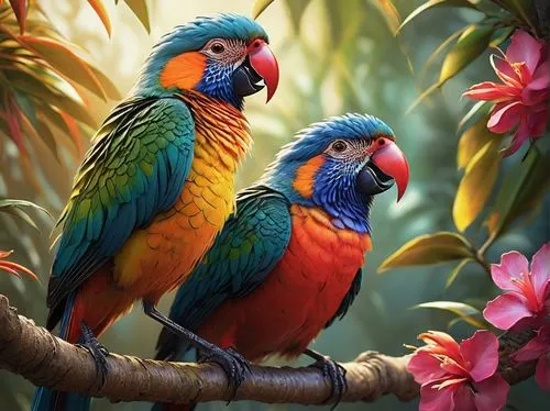 Colorful birds, perched, tropical tree branches, vibrant plumage, exotic flowers, bright sunshine, warm lighting, shallow depth of field, detailed feathers, realistic textures, 3/4 composition, soft f