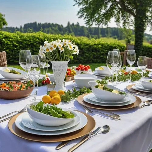 table arrangement,table setting,tablescape,catering service bern,place setting,outdoor dining,silver cutlery,tableware,dinnerware,holiday table,food table,long table,vegetables landscape,garden dinner,table decoration,welcome table,banqueting,caterers,persian new year's table,placemats,Photography,General,Realistic