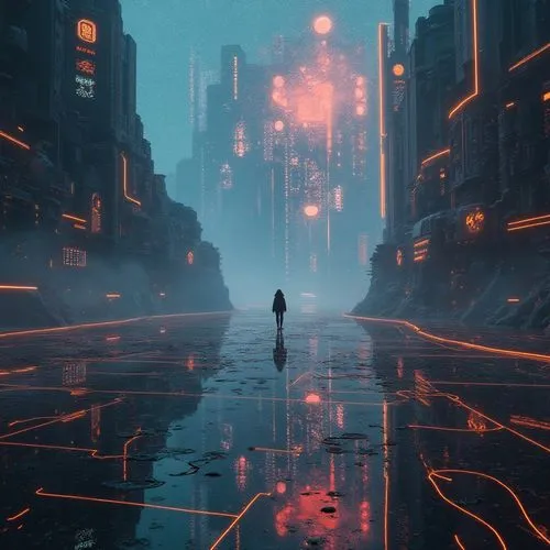 futuristic cyberpunk neuromancer world with the dreamlike imagery of a neuromancer mindscape ,someone standing on a city street in the night,cyberpunk,cybercity,walking in the rain,cyberworld,cyberia,