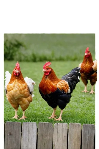 farm hens, multiple, different breeds, feathers in various colors, wings spread, beaks open, eyes closed, happy expressions, farm setting, rustic wooden fence, green grass, sunny day, warm light, shal