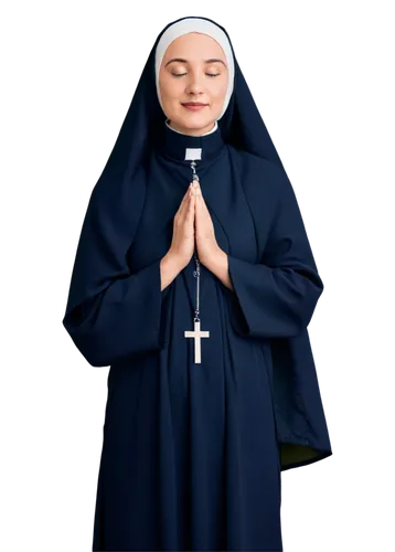 Nun, habit, white wimple, black veil, rosary beads, cross pendant, gentle smile, soft eyes, delicate skin, simple yet elegant, standing pose, hands clasped together, subtle folds on habit, warm lighti