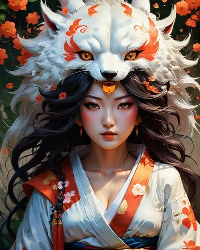 amaterasu,kitsune,mononoke,oiran,okami,inuyasha,shiranui,momiji,geisha girl,geisha,flame spirit,tomoe,yamantaka,tiger lily,haku,ibaraki,oriental princess,japanese art,fantasy portrait,fire red eyes,Conceptual Art,Fantasy,Fantasy 17