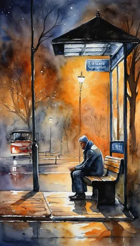 bus stop,man on a bench,busstop,watercolor paris,watercolor painting,bus shelters,watercolor,man with saxophone,street artist,park bench,the girl at the station,metro station,subway station,watercolor paint,saxophone playing man,coffee watercolor,watercolor sketch,watercolor cafe,watercolor background,watercolour,Illustration,Paper based,Paper Based 24