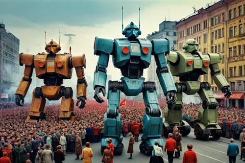 masterpiece, ultra quality, HDR, Soviet giant robots like star wars, Soviet Union in 1970, at the city, many soviet people, all happy, parade,victory day,robots,ancient parade,parade,gundam,transforme