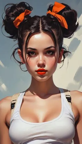 Portrait of a young woman with dark hair in space buns. Large dark eyes, full orange-red lips, warm skin tone with flushed cheeks. White tank top straps visible. Neutral beige background. Digital pain