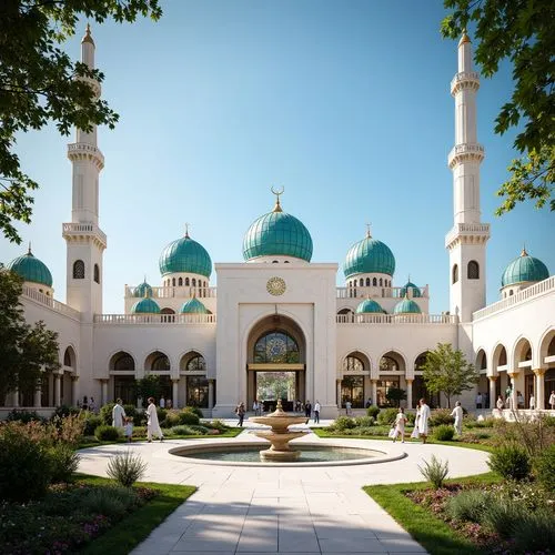 Elegant mosque architecture, ornate minarets, intricate archways, gleaming white marble, Islamic geometric patterns, vibrant turquoise domes, sacred calligraphy, stained glass windows, soft warm light