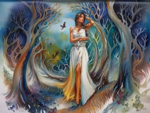 faerie,dryad,girl with tree,celtic harp,celtic woman,faery,fantasy art,fantasy picture,woman playing violin,violin woman,mother earth,angel playing the harp,girl in a long dress,violinist,harp player,violin player,shamanism,celtic tree,boho art,shamanic,Illustration,Paper based,Paper Based 04