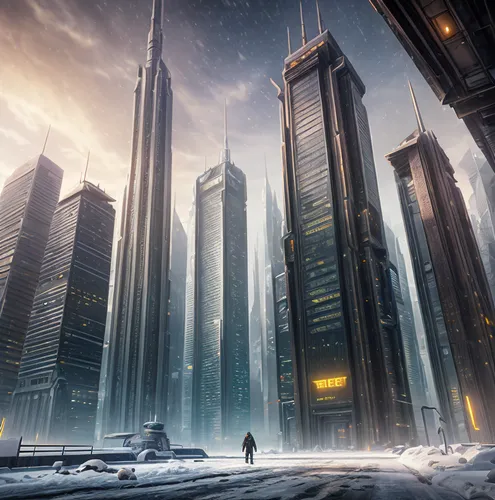 futuristic landscape,ice planet,metropolis,black city,dystopian,futuristic architecture,sci fi,destroyed city,sci - fi,sci-fi,scifi,tall buildings,infinite snow,sky city,high-rises,fantasy city,skycraper,high rises,skyscapers,skyscrapers