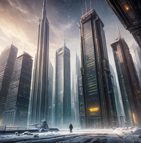 futuristic landscape,ice planet,metropolis,black city,dystopian,futuristic architecture,sci fi,destroyed city,sci - fi,sci-fi,scifi,tall buildings,infinite snow,sky city,high-rises,fantasy city,skycra