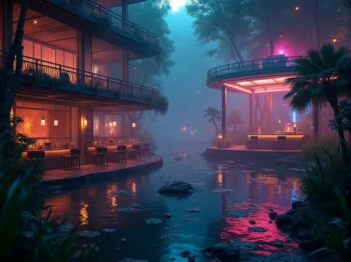 evening atmosphere,ambience,riverside,tropical house,seclude,atmospheres,lagoon,atmosphere,teahouse,hideaway,shaoming,seclusion,hotsprings,night scene,paradis,backwater,swamps,nightclub,futuristic landscape,secluded,Photography,General,Realistic