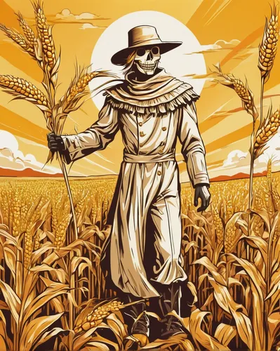 Imagine a scarecrow clipart standing in a field of golden corn under a bright sunny sky.,agroculture,wheat crops,seed wheat,agriculture,wheat field,field of cereals,wheat,farmer,wheat fields,sprouted 