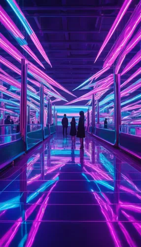 futuristic art museum,neon lights,ultraviolet,moving walkway,cyberpunk,neon light,uv,neon ghosts,neon arrows,futuristic,light track,vapor,colored lights,light space,miami,aesthetic,futuristic landscape,neon coffee,ufo interior,neon,Conceptual Art,Daily,Daily 03