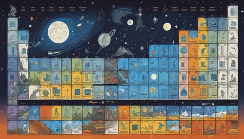 periodic table,the periodic table,solar system,metropolis,the solar system,city cities,metropolises,tear-off calendar,city blocks,cities,panoramical,advent calendar,satellites,skyscraper town,city buildings,sci fiction illustration,skyscrapers,city skyline,wall calendar,color table,Illustration,American Style,American Style 09