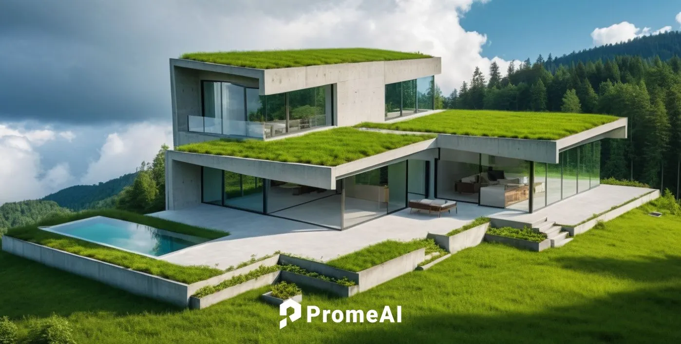 concrete facade with reflective glass windows in lush green forest back ground and a cloudy sky,modern house,grass roof,cubic house,green living,3d rendering,modern architecture,greenhut,cube house,aa