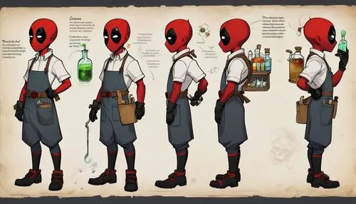 deadpool,dead pool,costume design,concept art,red hood,bartender,rum bomb,main character,male character,winemaker,gunsmith,comic character,apothecary,grenadier,character animation,barman,male poses for drawing,barmaid,bagpipes,development concept,Unique,Design,Character Design