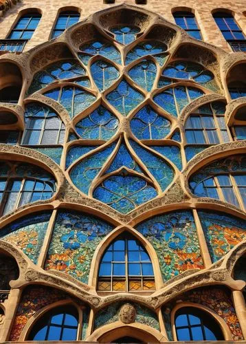 Gaudí-inspired architecture, colorful mosaic tiles, intricate stone carvings, grand cathedral-like structure, dramatic arches, ornate columns, twisted tree-like pillars, stained glass windows, vibrant