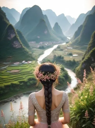 spectacular scene of Ha Giang nature in the background, layers of rounded karst mountains, a beautiful picturesque valley and a small sparkling river in the middle, a meadow of short blush small wild 