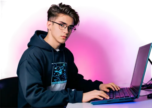 Young adult male, hacker, solo, (20yo), messy short hair, glasses, intense eyes, black hoodie, dark jeans, sneakers, laptop, keyboard, coding, coffee cup, dimly lit room, neon lights, cinematic compos