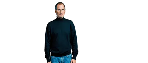 Steve Jobs, iconic pose, black turtleneck sweater, blue jeans, sneakers, hands clasped together, intense gaze, facial close-up, natural makeup, messy hair, softbox lighting, shallow depth of field, ci