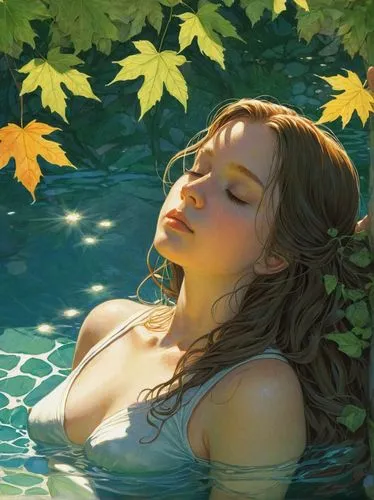 water nymph,girl lying on the grass,the blonde in the river,idyll,idyllic,summer floatation,rusalka,siren,bathing,poison ivy,autumn idyll,in water,girl on the river,immersed,digital painting,spa,oasis,swimming,thermal spring,relaxed young girl,Illustration,Realistic Fantasy,Realistic Fantasy 04