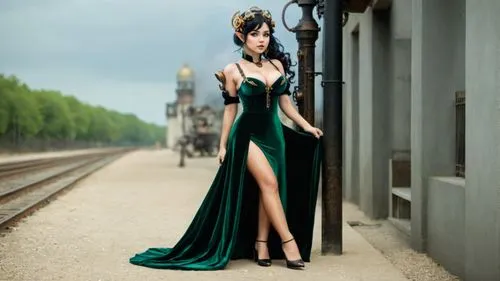 a woman is standing by a train tracks and posing in front of an archway,girl in a long dress,green dress,model train figure,a floor-length dress,miss circassian,evening dress