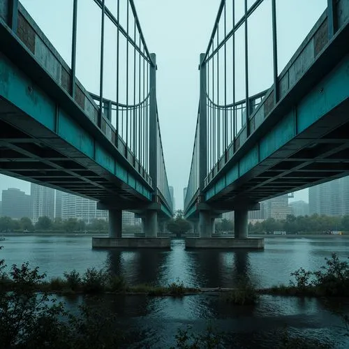 Majestic bridge, dark cyan accents, sleek metallic beams, modern industrial design, urban cityscape, misty morning atmosphere, soft warm lighting, shallow depth of field, 3/4 composition, panoramic vi