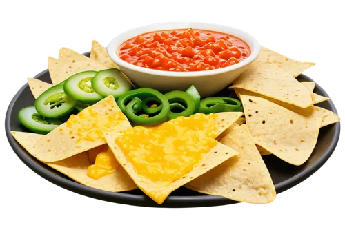  Nachos, triangle shaped tortilla chips, melted yellow cheese, jalapeño peppers, red salsa, green onions, sour cream, plate, appetizer, golden lighting, shallow depth of field, warm color tone, 3/4 co