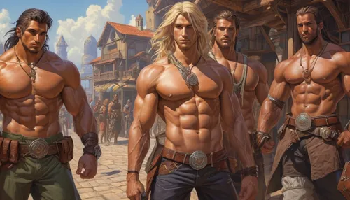 Describe a character with six-pack abs in a fantasy setting.,guards of the canyon,male elf,massively multiplayer online role-playing game,six-pack,dwarves,heroic fantasy,male character,male poses for 