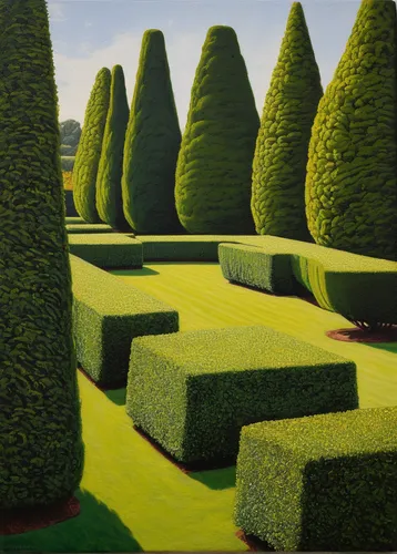 "Carl Laubin ""Putteridge Bury Topiary"" 41 x 41 cm Oil on canvas",hedge,green landscape,hornbeam hedge,vegetables landscape,clipped hedge,bushes,manicured,green forest,beech hedge,green garden,ordina