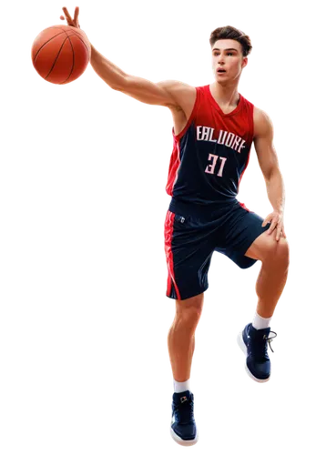 Muscular male, basketball player, dynamic pose, sweating, intense facial expression, short hair, athletic build, Nike shoes, white socks, red jersey, black shorts, holding basketball, jumping high, sl