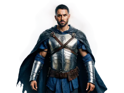 Warrior, male, muscular, battle-worn face, scar above eyebrow, gritty teeth, messy short hair, rugged beard, metallic armor, torn cape, sword in hand, shield on back, intense gaze, dramatic lighting, 